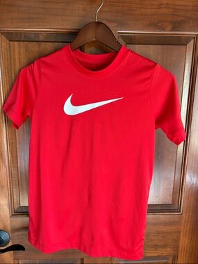 Nike Red Short Sleeve Performance Tee with White Swoosh-Boys Large